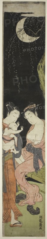 Young Couple with Infant Son on a Moonlit Night, c. 1770, Isoda Koryusai, Japanese, 1735-1790, Japan, Color woodblock print, hashira-e, 27 x 5 3/4 in.