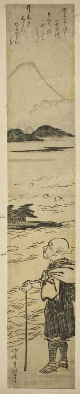 Priest Saigyo Contemplating Mount Fuji, c. 1770s, Kitao Shigemasa, Japanese, 1739-1820, Japan, Color woodblock print, hashira-e