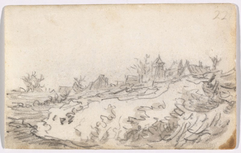 Village on Sunny Hillside, 1650–51, Jan van Goyen, Dutch, 1596-1656, Netherlands, Black chalk, with brush and gray wash, on ivory laid paper, 98 x 157 mm