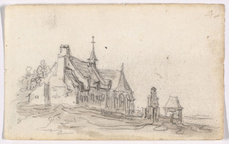 Leper House at Cleves, 1650–51, Jan van Goyen, Dutch, 1596-1656, Netherlands, Black chalk, with brush and gray wash, on ivory laid paper, 98 x 158 mm