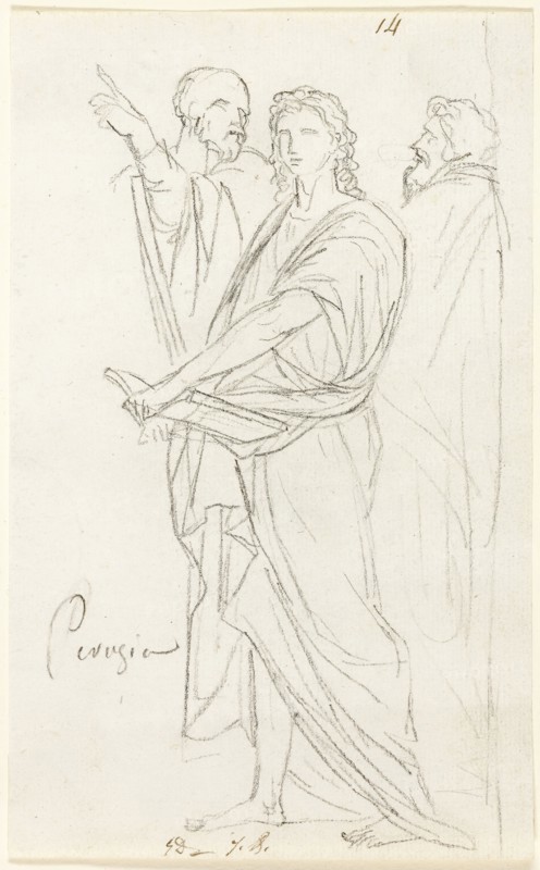 Sketch of Three Classical Figures, c. 1810, Jacques Louis David, French, 1748-1825, France, Black chalk on ivory laid paper, 178 × 110 mm