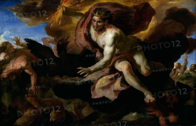 Jove casts his Thunderbolts at the Rebellious Giants, 1690/95, Johann Michael Rottmayr, Austrian, 1654-1730, Austria, Oil on canvas, 32 × 49 1/2 in. (81.3 × 125.2 cm)