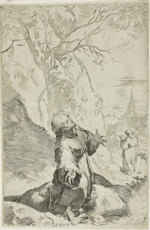 Saint Francis Receiving the Stigmata, c. 1581, Federico Barocci, Italian, 1526/28-1612, Italy, Etching on cream laid paper, 230 x 147 mm (plate), 233 x 150 mm (sheet)