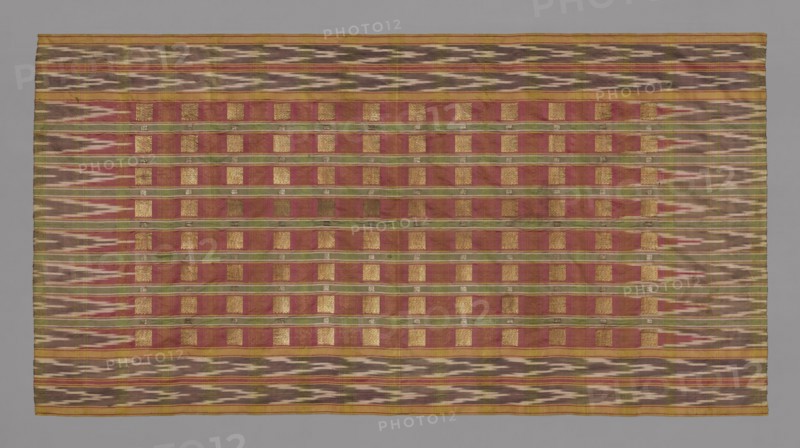 Panel, late Edo period (1789–1868)/ Meiji period (1868–1912), 19th century, Japan, Sari, ikat technique in purple, white, green yellow and red with gold and silver square design, 217.8 x 113.4 cm (85 3/4 x 44 3/4 in.)