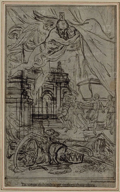 Study for the Vignette-Frontispiece of Lucretius’s De la Nature des Choses, Book III, c. 1768, Hubert François Gravelot, French, 1699-1773, France, Pen and black ink, over black chalk and traces of graphite, on gray laid paper, incised for transfer and perimeter mounted on cream laid paper, 143 × 87 mm