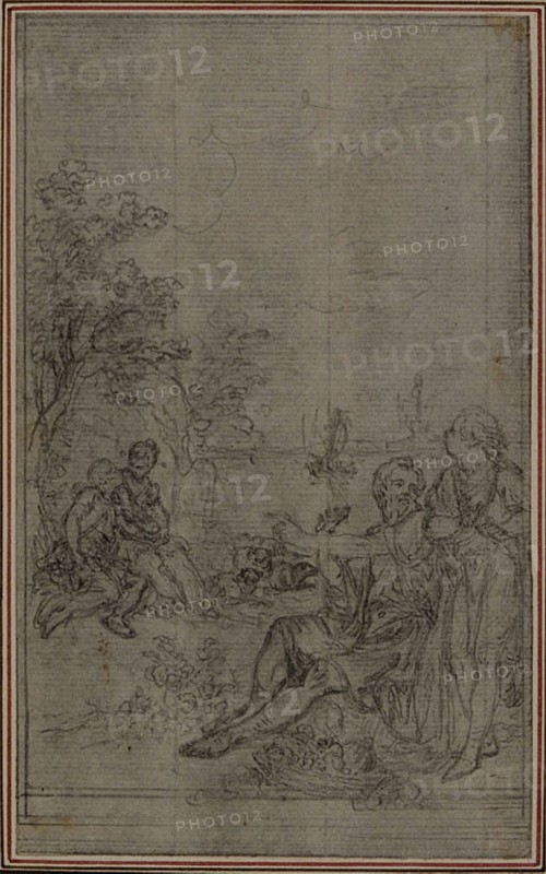 Study for the Vignette of Lucretius’s De la Nature des Choses, Vol. II, Book IV, c. 1768, Hubert François Gravelot, French, 1699-1773, France, Graphite, with traces of black chalk, on gray laid paper, incised for transfer and perimeter mounted on cream laid paper, 142 × 87 mm