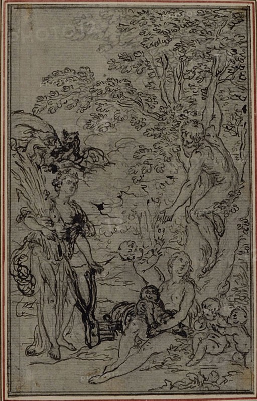 Study for the Vignette of Lucretius’s De la Nature des Choses, Vol. II, Book V, c. 1768, Hubert François Gravelot, French, 1699-1773, France, Pen and black ink, with graphite, on gray laid paper, incised for transfer and perimeter mounted on ivory laid paper, 135 × 84 mm