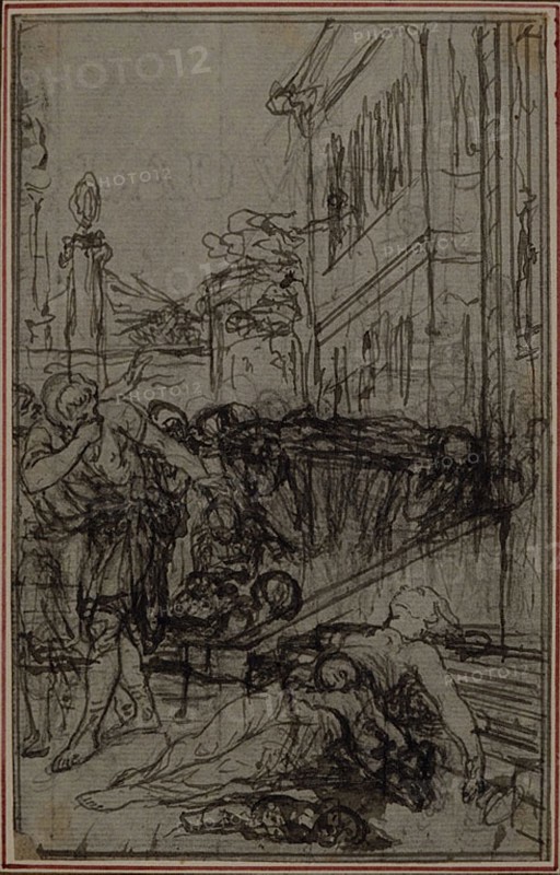 Study for the Vignette of Lucretius’s De la Nature des Choses, Vol. II, Book VI, c. 1768, Hubert François Gravelot, French, 1699-1773, France, Pen and black ink, over graphite, on gray laid paper, incised for transfer and perimeter mounted on cream laid paper, 137 × 86 mm