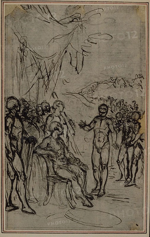Study for Lucain’s La Pharsale, Canto IV, c. 1766, Hubert François Gravelot, French, 1699-1773, France, Pen and black ink, over graphite, on gray laid paper, incised for transfer, and perimeter mounted on ivory laid paper, 140 × 87 mm