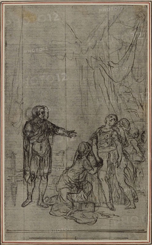 Study for Lucain’s La Pharsale, Canto V, c. 1766, Hubert François Gravelot, French, 1699-1773, France, Pen and black ink, with graphite, on gray laid paper, incised for transfer, and perimeter mounted on ivory laid paper, 147 × 90 mm