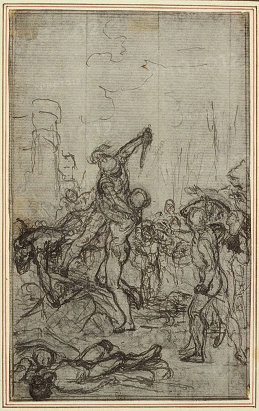 Study for Lucain’s La Pharsale, Canto IV, c. 1766, Hubert François Gravelot, French, 1699-1773, France, Pen and black ink, with graphite, on gray laid paper, incised for transfer, and perimeter mounted on ivory laid paper, 144 × 89 mm