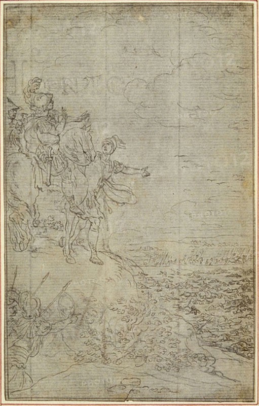 Study for Lucain’s La Pharsale, Canto VII, c. 1766, Hubert François Gravelot, French, 1699-1773, France, Pen and black ink, with graphite, on gray laid paper, incised for transfer, and perimeter mounted on ivory laid paper, 142 × 89 mm