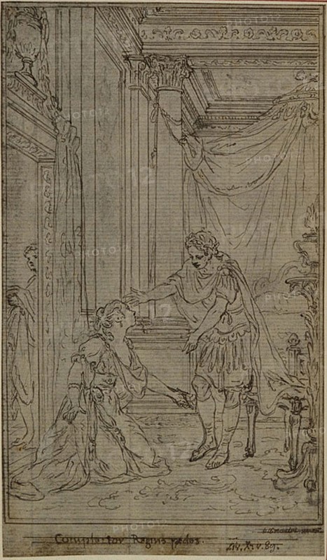 Study for Lucain’s La Pharsale, Canto X, c. 1766, Hubert François Gravelot, French, 1699-1773, France, Pen and black ink, over graphite, on gray laid paper, incised for transfer, and perimeter mounted on ivory laid paper, 153 × 89 mm