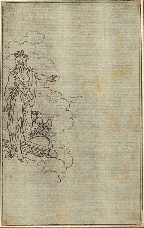 Study for Lucain’s La Pharsale, Canto I, Standing Female Figure with Crown, c. 1766, Hubert François Gravelot, French, 1699-1773, France, Pen and black ink, over touches of graphite, on gray laid paper, incised for transfer and perimeter mounted on ivory laid paper, 142 × 89 mm