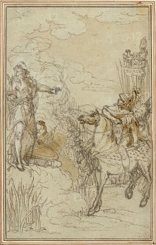Study for Lucain’s La Pharsale, Canto I, c. 1766, Hubert François Gravelot, French, 1699-1773, France, Graphite, with brush and brown wash, and pen and black ink, on pale gray laid paper, incised for transfer and perimeter mounted on ivory laid paper, 143 × 90 mm