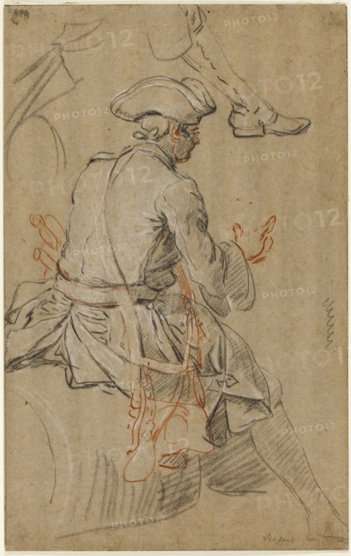 Sketch of Man on Horseback, with Separate Sketch of his Right Foot, n.d., Pierre Lenfant, French, 1704-1787, France, Black crayon, with red chalk and touches of black chalk, heightened with white chalk, on dark tan laid paper, laid down on ivory wove paper, 416 × 262 mm