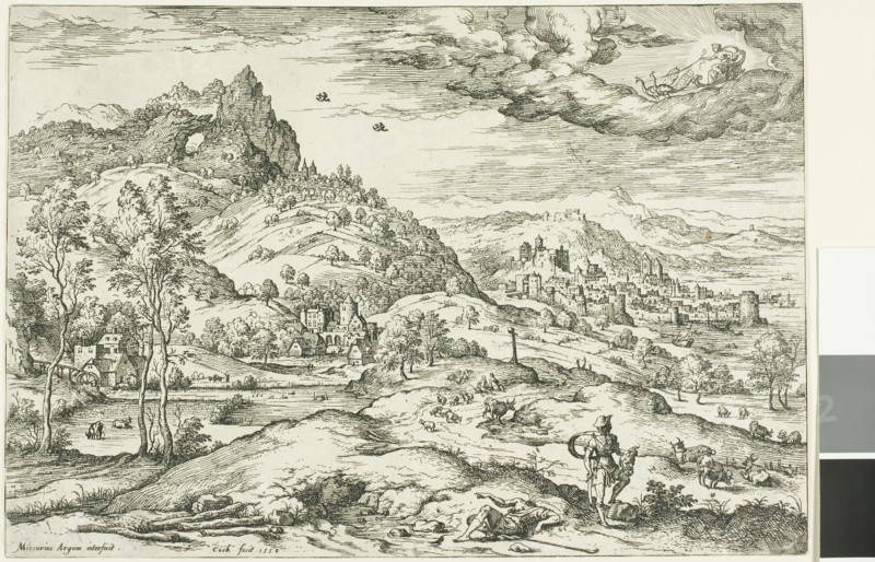Mercury with the Head of Argus, 1558, Hieronymus Cock, Flemish, c. 1510-1570, Flanders, Etching on paper, 224 × 325 mm