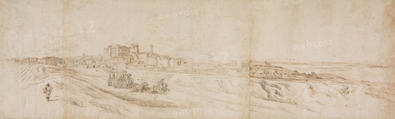 View of The Castello Bracciano, near Rome with Coach and Figures, n.d., Jacques Callot, French, 1592-1635, France, Pen and brown ink on paper, 283 × 911 mm