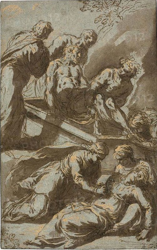 The Entombment of Christ, 1595/1600, Jacopo Negretti, called Palma il Giovane, Italian, c. 1548-1628, Italy, Pen and brown ink and brush and brown wash, heightened with gold metallic paint, on blue laid paper, laid down on thin tan laid paper, 223 x 140 mm