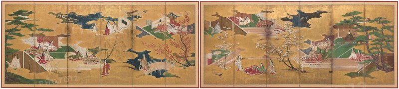 The Tale of Genji, early 17th century, Japanese, Japan, Pair of six-panel screens, ink, colors, and gold on paper, 166 x 371 cm each