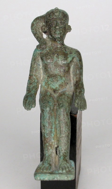 Statuette of the God Harpocrates, Late Period–Ptolemaic Period (about 1069–30 BC), Egyptian, Egypt, Bronze, 10.4 × 3.5 × 5.7 cm (4 × 1 3/8 × 2 1/4 in.)
