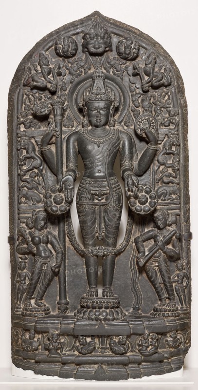 God Vishnu with Goddesses Lakshmi and Sarasvati, Pala period, 10th/12th century, Bangladesh or eastern India, Bangladesh, Basalt, 109.0 × 50.8 × 19.8 cm (42 7/8 × 20 × 7 3/4 in.)