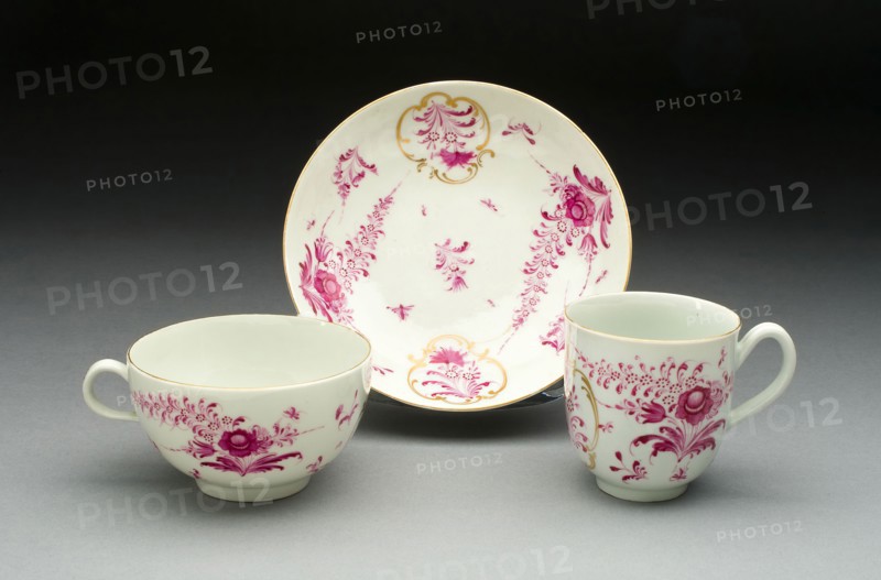 Teacup, Coffee Cup, and Saucer, c. 1770, Worcester Porcelain Factory, Worcester, England, founded 1751, Worcester, Soft-paste porcelain with purple enamel and gilding, Teacup: H. 4.8 cm (1 7/8 in.), diam. 8.3 cm (3 1/4 in.)