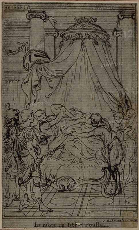 Study for an illustration in Tacitus Tibère, ou Les Six Premiers Livres des Annales, Book VI, Vol. 3, Final Study, c. 1768, Hubert François Gravelot, French, 1699-1773, France, Pen and black ink, over graphite, on gray laid paper, incised for transfer and perimeter mounted on ivory laid paper, 120 × 72 mm