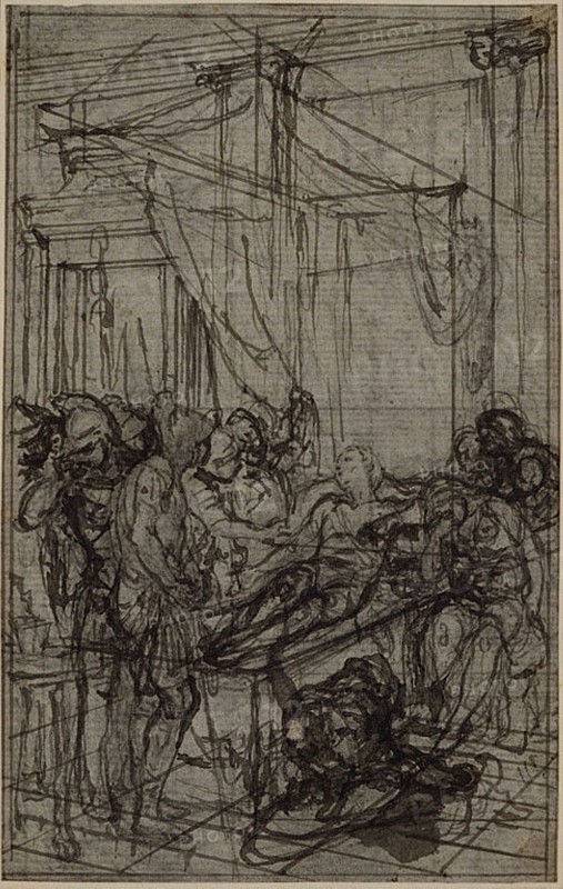 Study for an illustration in Tacitus Tibère, ou Les Six Premiers Livres des Annales Book II, Vol. 1, c. 1768, Hubert François Gravelot, French, 1699-1773, France, Pen and black ink, over graphite, on gray laid paper, incised for transfer and perimeter mounted on ivory laid paper, 114 × 72 mm