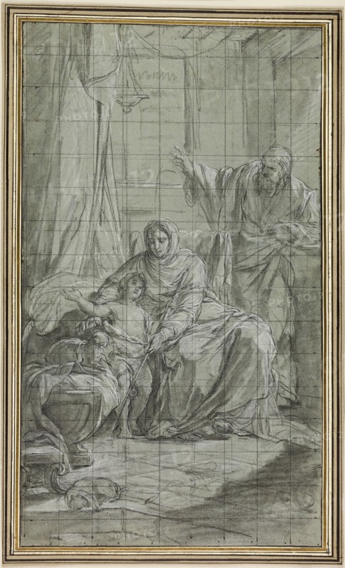 The Family of Saint John the Baptist, c. 1771, Nicolas Bernard Lépicié, French, 1735-1784, France, Black and white chalk, with stumping, on blue laid paper, squared with black chalk, laid down on cream laid card, 525 × 303 mm