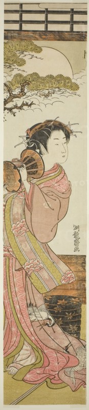 Courtesan Playing a Hand Drum, c. 1775, Isoda Koryusai, Japanese, 1735-1790, Japan, Color woodblock print, hashira-e, 23 1/4 x 4 1/4 in.