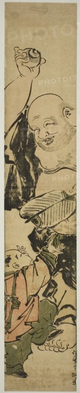 Young Boy Beseeching Hotei, late 18th century, Kitao Shigemasa, Japanese, 1739-1820, Japan, Color woodblock print, hashira-e, 23 1/4 x 4 1/4 in.
