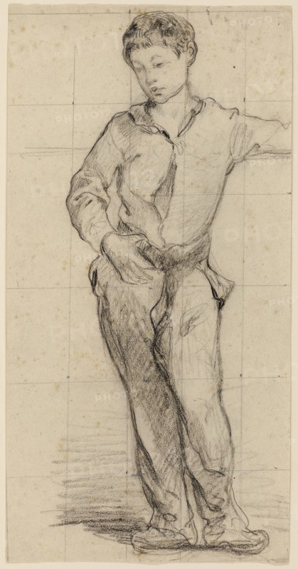 Young Man Standing (Léon Leenhoff) (recto), Sketch of Standing Boy (verso), 1864/65, Attributed to Édouard Manet, French, 1832-1883, France, Black crayon (recto and verso) on tannish-buff laid paper with blue fibers, recto squared in graphite, 406 × 207 mm