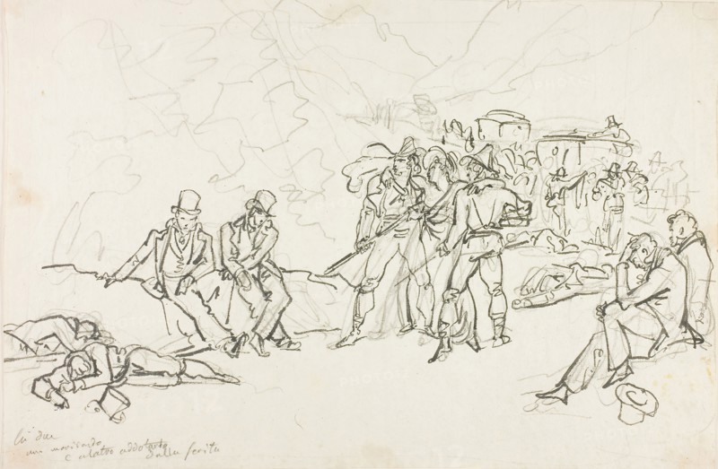 The Stagecoach Holdup, n.d., Bartolomeo Pinelli, Italian, 1781-1835, Italy, Pen and black ink and graphite on ivory laid paper, 278 x 421 mm