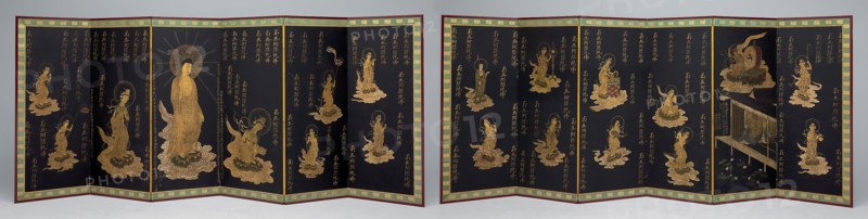 Rebirth of the Nun Anyo, early 18th century, Japanese, Japan, Pair six-panel screens, ink, colors, and gold on paper, 151.5 x 373 cm (59 5/8 x 147 in.) each