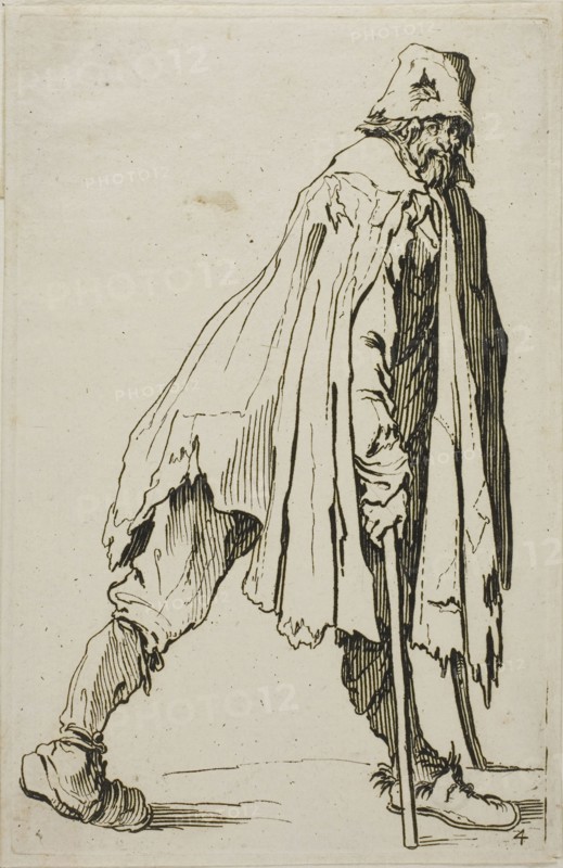 Beggar on Crutches Wearing a Hat, plate four from The Beggars, c. 1622, Jacques Callot, French, 1592-1635, France, Etching on paper, 134 × 87 mm (plate), 142 × 92 mm (sheet)