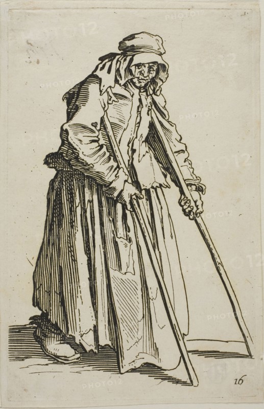 The Beggar on Crutches and His Beggar’s Wallet, plate ten from The Beggars, c. 1622, Jacques Callot, French, 1592-1635, France, Etching on paper, 137 × 87 mm (plate), 141 × 93 mm (sheet)