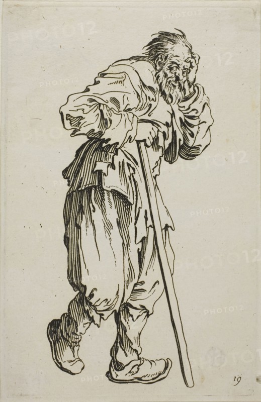 The Beggar on Crutches, plate sixteen from The Beggars, c. 1622, Jacques Callot, French, 1592-1635, France, Etching on paper, 137 × 88 mm (plate), 142 × 92 mm (sheet)