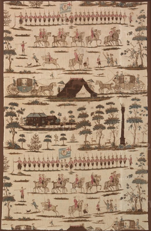 The Irish Volunteers (Furnishing Fabric), 1782, Probably designed by Gabriel Beranger (Irish, 1729–1817), Printed by Thomas Harpur (Irish, active c. 1782), Ireland, County Kildare, Leixlip, Kildare, Linen and cotton, plain weave, copperplate printed, painted, 126.3 x 79.4 cm (49 3/4 x 31 1/4 in.)