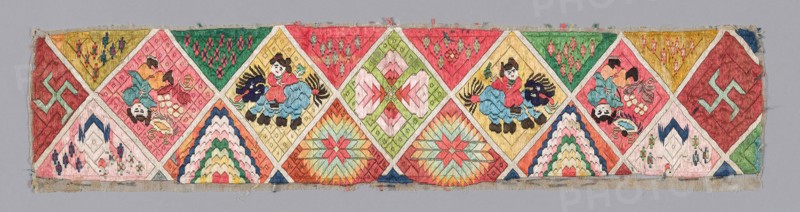 Woman’s Sleeve Bands, Qing dynasty (1644–1911), 1875/1900, Han-Chinese, China, Figures and geometric patterns embroidered on gauze., 12.2 × 53.8 cm (4 3/4 × 21 1/4 in.)