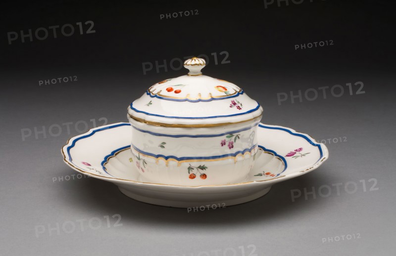 Covered Dish with Attached Stand, c. 1775, Frankenthal Porcelain Factory, German, founded 1755, Frankenthal, Hard-paste porcelain with polychrome enamels and gilding, H. 10.5 cm (4 1/8 in.), diam. 21 cm (8 1/4 in.), Karnak, 1860s, Félix Bonfils, French, 1831–1885, France, Albumen print, 22.2 × 27.7 cm (image/paper), 40.2 × 50.6 cm (mount)
