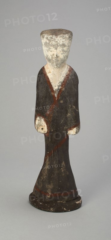 Female Attendant (Tomb Figurine), Western Han dynasty (206 B.C.–A.D. 9), c. 2nd century B.C., China, probably Shaanxi province, China, Gray earthenware with slip coating and polychrome pigments, 30.0 × 8.3 × 5.6 cm (11 13/16 × 3 1/4 × 2 3/16 in.)