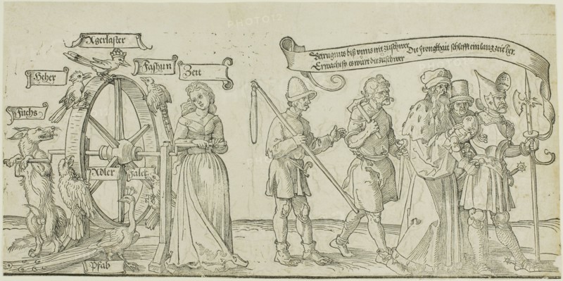The Michelfeldt Tapestry (Allegory on Social Injustice), first part of three, 1526, Attributed to Albrecht Dürer, German, 1471-1528, Germany, Woodcut in black on cream laid paper, 153 x 311 mm (sheet)