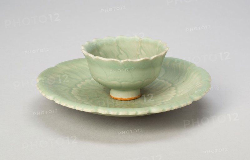 Foliate Cup and Stand, Yuan dynasty (1279–1368), 14th century, China, Longquan ware, stoneware with underglaze molded decoration, Diam. 16.5 cm (6 1/2 in.)