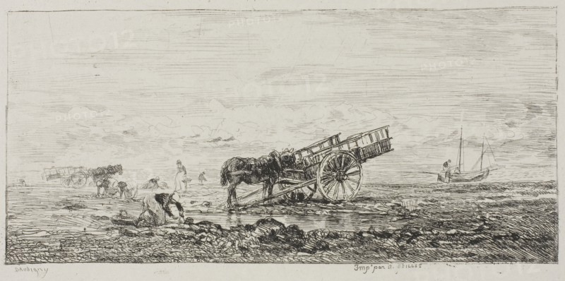 Beach at Villerville, 1855, Charles François Daubigny, French, 1817-1878, France, Etching on light gray chine laid down on white wove paper, 90 × 200 mm (image), 126 × 217 mm (plate), 267 × 356 mm (sheet)