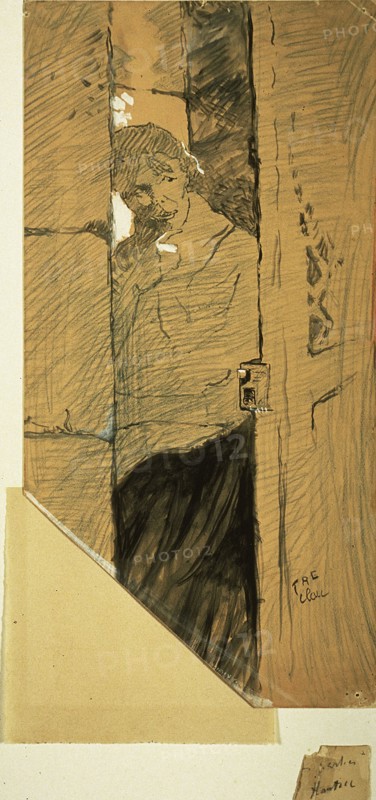 At the Door, 1885, Henri de Toulouse-Lautrec, French, 1864-1901, France, Blue crayon and brush and black and gray wash, with touches of orange crayon, heightened with touches of white oil paint, on tan wove card, 470 × 235 mm