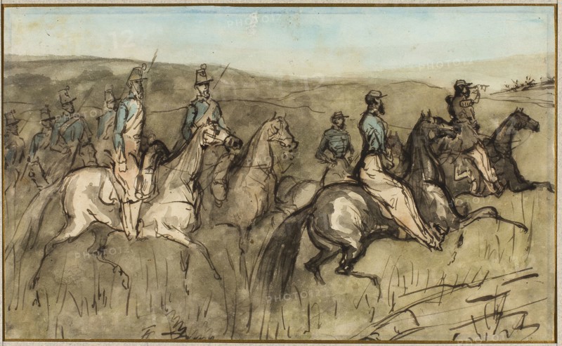 Cavalry Exercise in a Meadow, n.d., Constantin Guys, French, 1802-1892, France, Pen and brown ink with brush and watercolor, on ivory wove paper, 158 × 260 mm