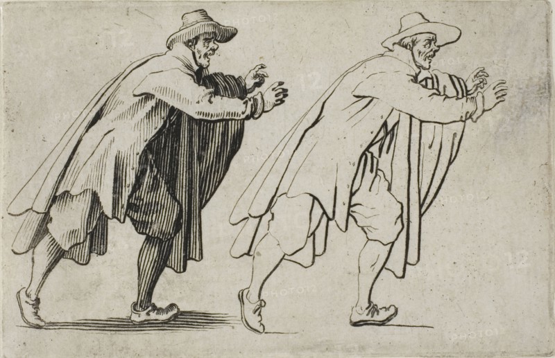 The Running Man, from The Caprices, c. 1622, Jacques Callot, French, 1592-1635, France, Etching on ivory laid paper, 56 × 85 mm (image/sheet, cut within plate mark)
