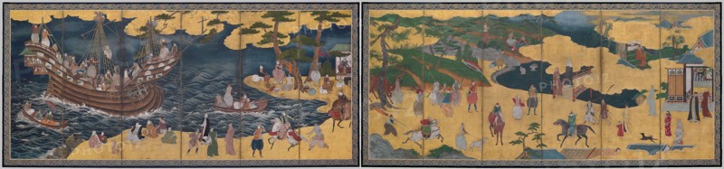 Southern Barbarians, mid 17th century, Japanese, Japan, Pair of six-panel screens, ink, colors, and gold on paper, Each: 170.4 x 370 cm