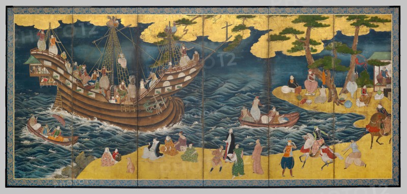 Southern Barbarians, mid 17th century, Japanese, Japan, Pair of six-panel screens, ink, colors, and gold on paper, Each: 170.4 cm x 370 cm